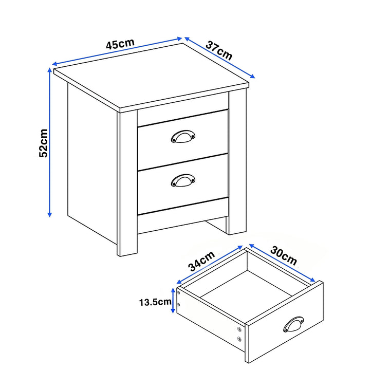 [Blue] shaker bedside table dimensions diagram cabinet 45cm wide 37cm deep 52cm tall drawer 34x30x13.5cm