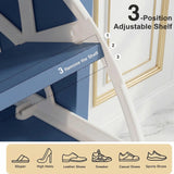 [Blue] Shaker Shoe Cabinet shelf adjustment detail showing three positions and icons for heels sneakers slippers and sports shoes