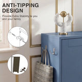 [Blue] Shaker Shoe Cabinet anti-tipping wall anchor detail with side-mounted double hooks and stacked books on cabinet top