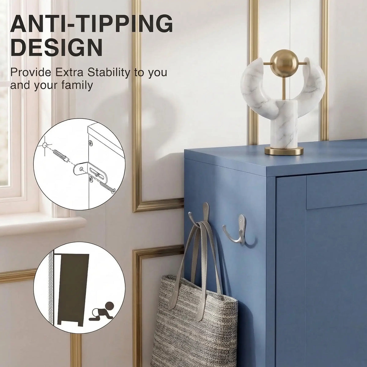 [Blue] Shaker Shoe Cabinet anti-tipping wall anchor detail with side-mounted double hooks and stacked books on cabinet top