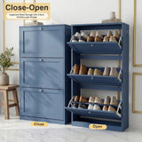 [Blue] Shaker Shoe Cabinet close and open split view showing three flip-front doors and double-layer internal storage shelves with shoes
