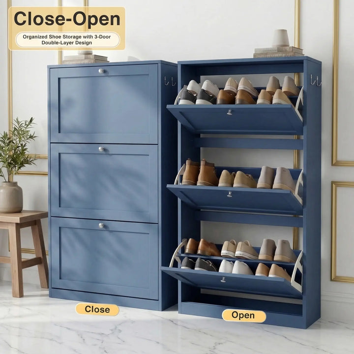 [Blue] Shaker Shoe Cabinet close and open split view showing three flip-front doors and double-layer internal storage shelves with shoes