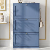 [Blue] Shaker Shoe Cabinet closed three-door flip-front unit against white panelled wall with woven basket and linen tote bag alongside