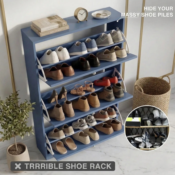 [Blue] Shaker Shoe Cabinet open showing tiered shelves holding multiple pairs of shoes across all three compartments in a hallway