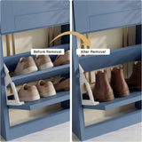 [Blue] Shaker Shoe Cabinet compartment showing removable internal shelf before and after removal to fit taller ankle boots
