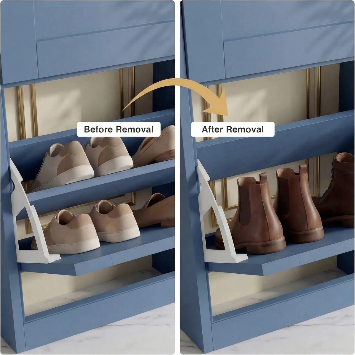 [Blue] Shaker Shoe Cabinet compartment showing removable internal shelf before and after removal to fit taller ankle boots