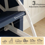 [Blue] Shoe Cabinet With Drawer detail of three-position adjustable shelf mechanism with shoe type compatibility icons showing