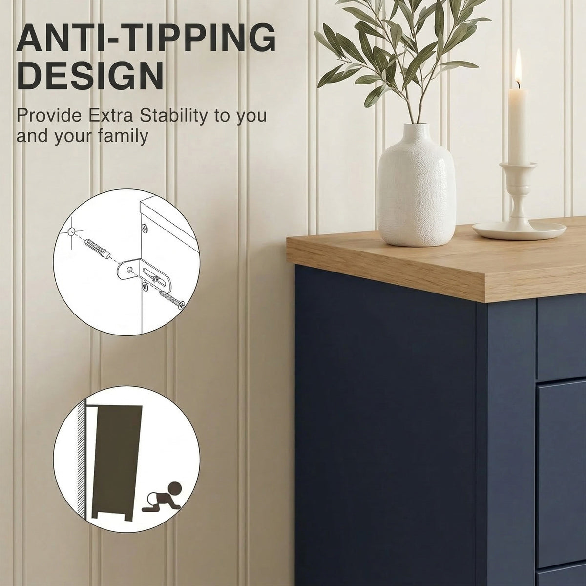 [Blue] Shoe Cabinet With Drawer detail showing wall-mounted anti-tipping bracket and strap diagrams alongside the navy cabinet corner