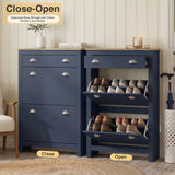 [Blue] Shoe Cabinet With Drawer shown closed and open side by side, with both flip-down doors revealing double-layer shoe