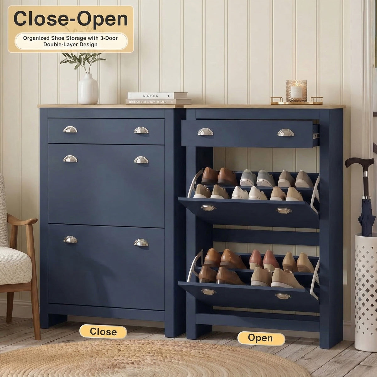 [Blue] Shoe Cabinet With Drawer shown closed and open side by side, with both flip-down doors revealing double-layer shoe