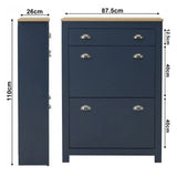 [Blue] Shoe Cabinet With Drawer dimension diagram showing 87.5cm width, 26cm depth, and 110cm height with drawer and two flip-door
