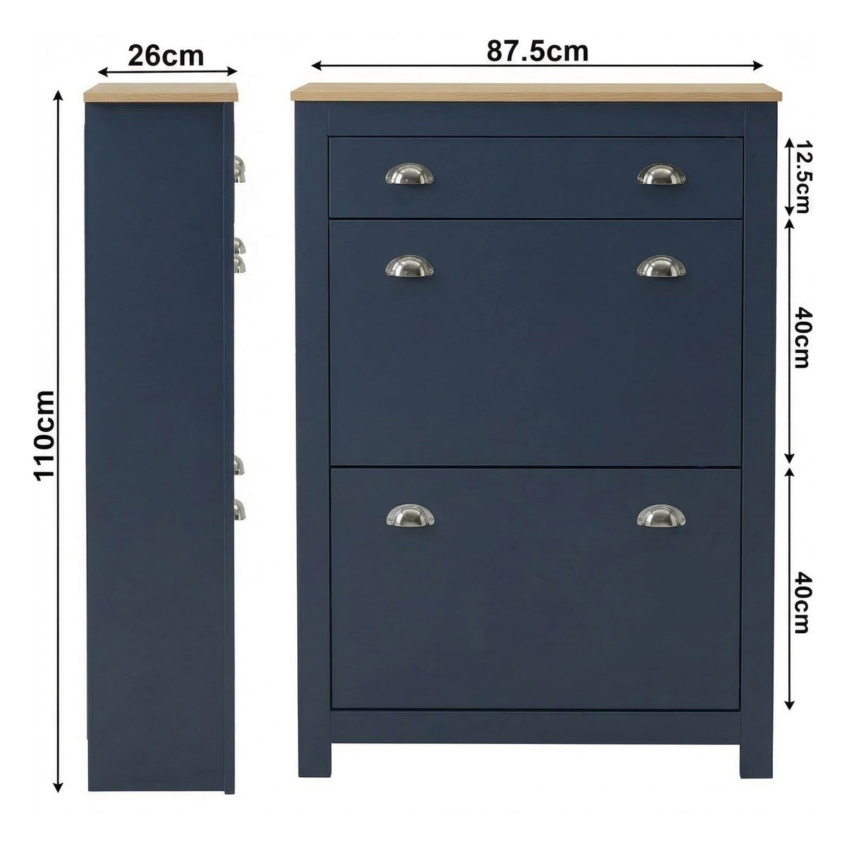 [Blue] Shoe Cabinet With Drawer dimension diagram showing 87.5cm width, 26cm depth, and 110cm height with drawer and two flip-door
