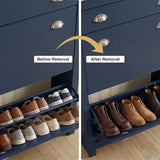 [Blue] Shoe Cabinet With Drawer interior comparison showing inner divider shelf before and after removal to accommodate taller