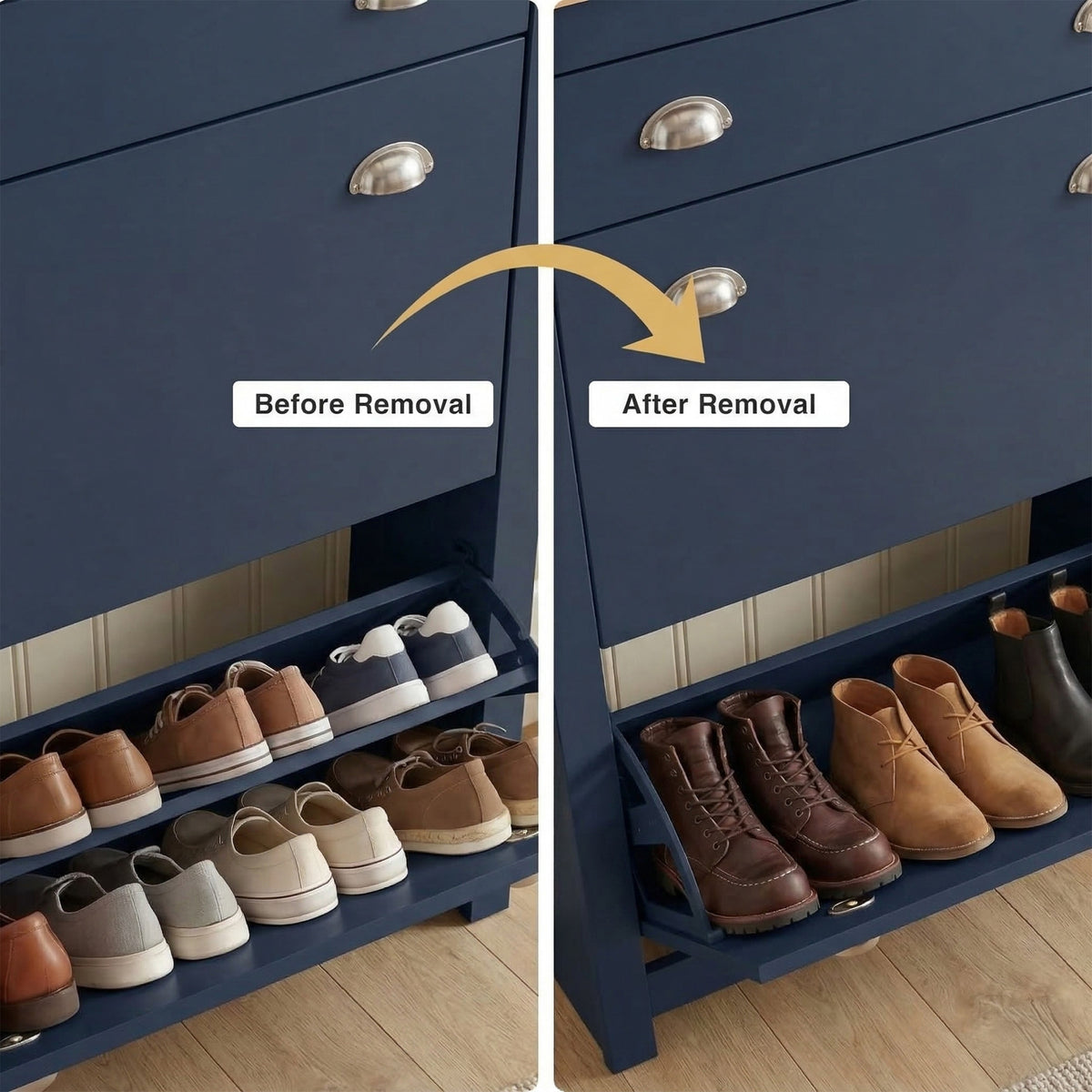 [Blue] Shoe Cabinet With Drawer interior comparison showing inner divider shelf before and after removal to accommodate taller