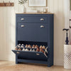 [Blue] Shoe Cabinet With Drawer in a hallway, lower flip-down door open revealing two tiers of shoes, oak top with books 