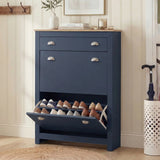 [Blue] Shoe Cabinet With Drawer in a hallway, lower flip-down door open revealing two tiers of shoes, oak top with books 