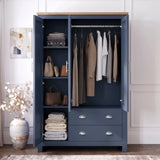 [Blue] Shaker Triple Wardrobe With Drawers And Shelves open showing neat clothes hanging, side shelving