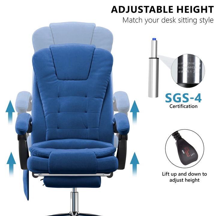 [Blue Velvet] blue velvet vibrating desk chair with up-down movement graphic and close-up showing certified piston and knob adjuster