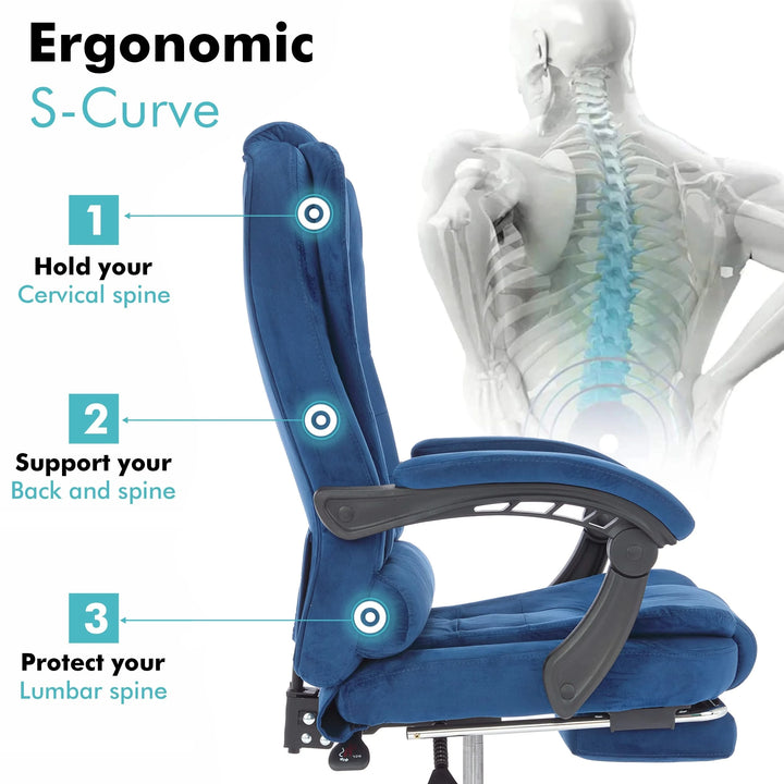 [Blue Velvet] Ergonomic S-curve blue swivel recliner chair with cushions and lumbar support for enhanced comfort