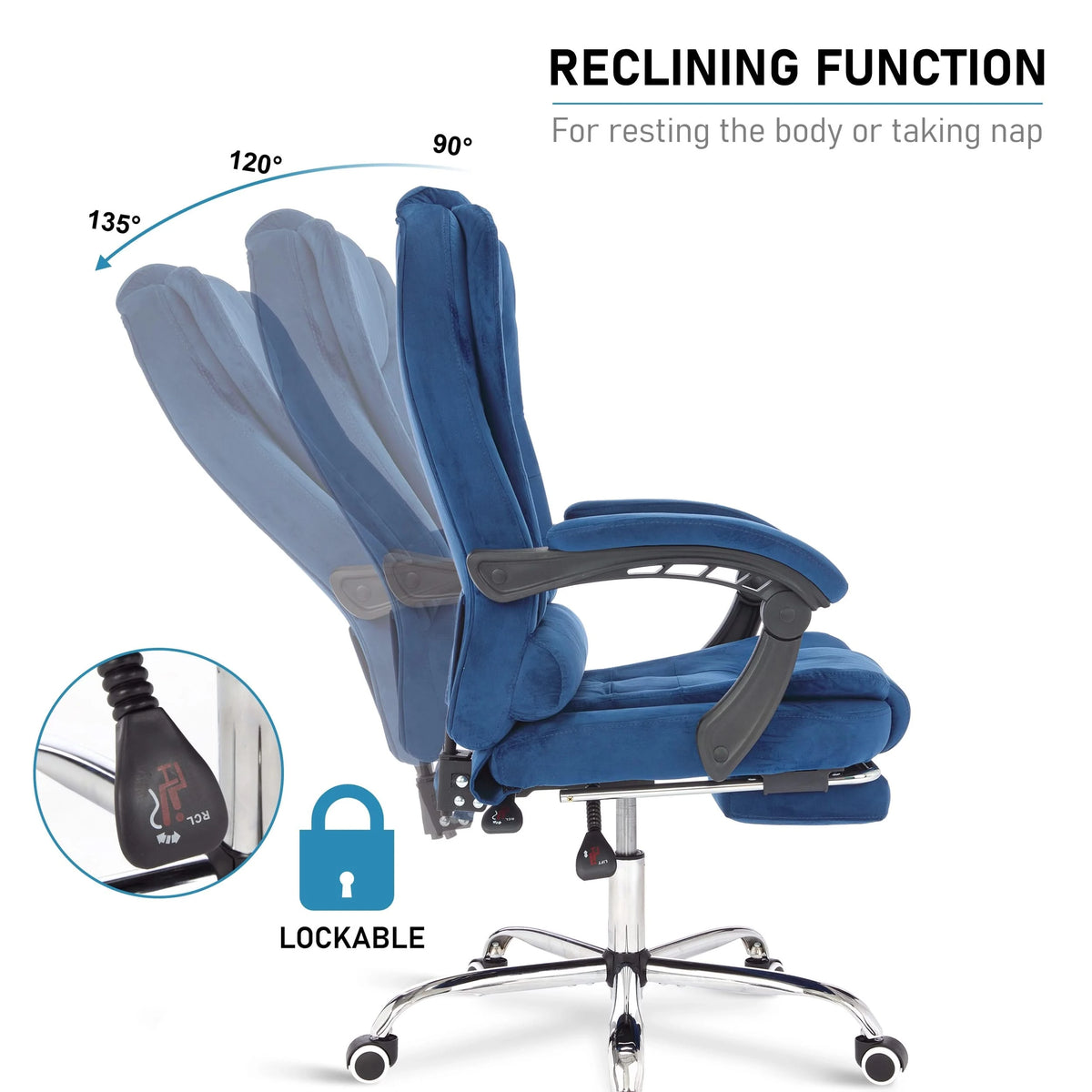 [Blue Velvet] Blue swivel reclining chair with ergonomic design, adjustable, and cushioned armrests for comfort