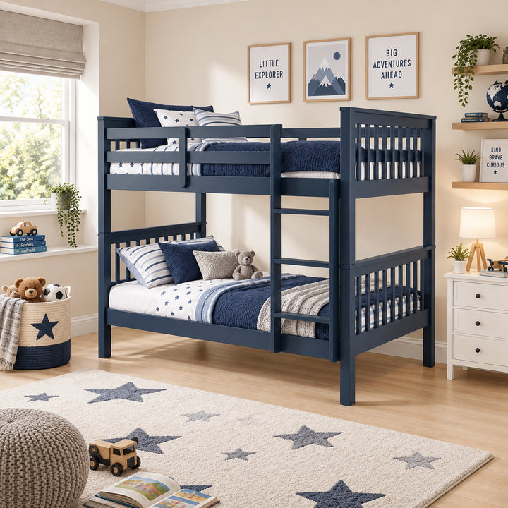 [Blue] Wide room view of bunk bed with right-side ladder, upper rails and lower bunk