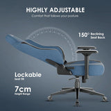 [Blue] ergonomic office chair with a reclining back, adjustable armrest, and features 'HIGHLY ADJUSTABLE', '150° Reclining Seat Back', 'Lockable Seat Tilt', and '7cm Height Range'.