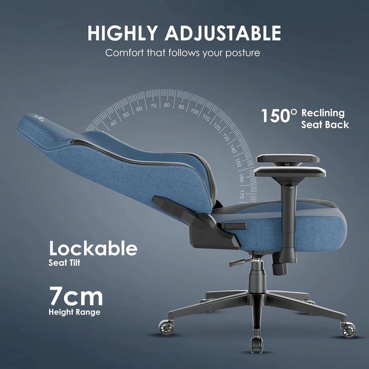 [Blue] ergonomic office chair with a reclining back, adjustable armrest, and features 'HIGHLY ADJUSTABLE', '150° Reclining Seat Back', 'Lockable Seat Tilt', and '7cm Height Range'.