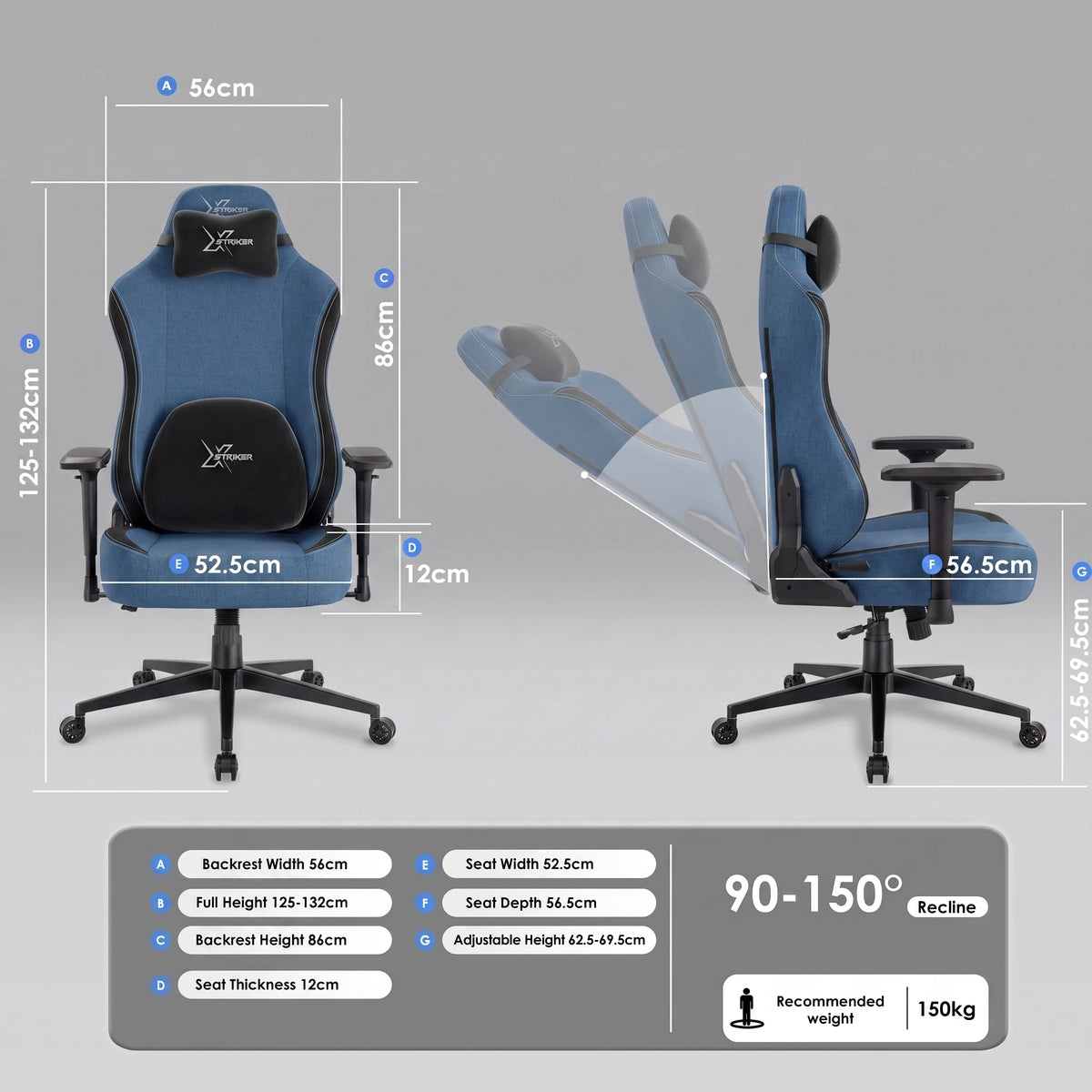 [Blue] Detailed dimensions and reclining range of the Xstriker blue ergonomic gaming chair with 150 kg weight capacity.