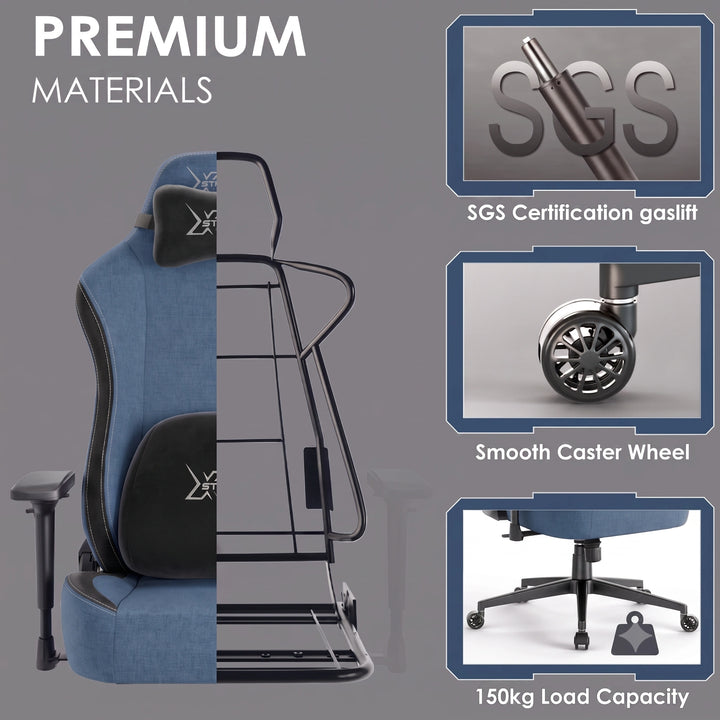 [Blue] Xstriker gaming chair built with premium materials including SGS certified gaslift, smooth caster wheels, and 150kg load capacity frame.