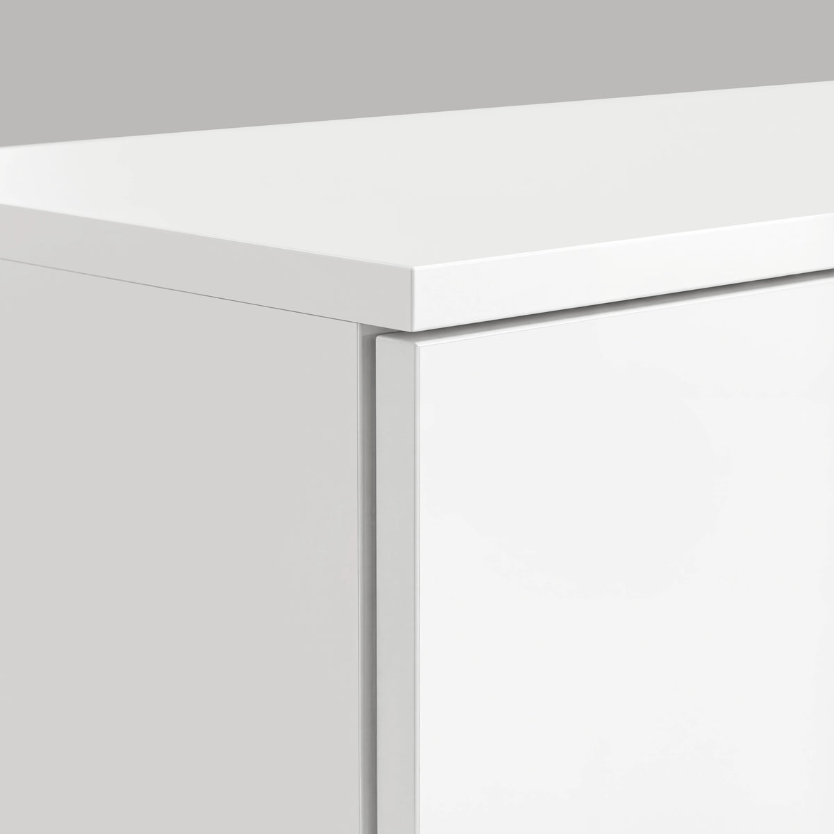 [White] Top corner panel detail of white Blythe wardrobe showing square edge and smooth matte finish