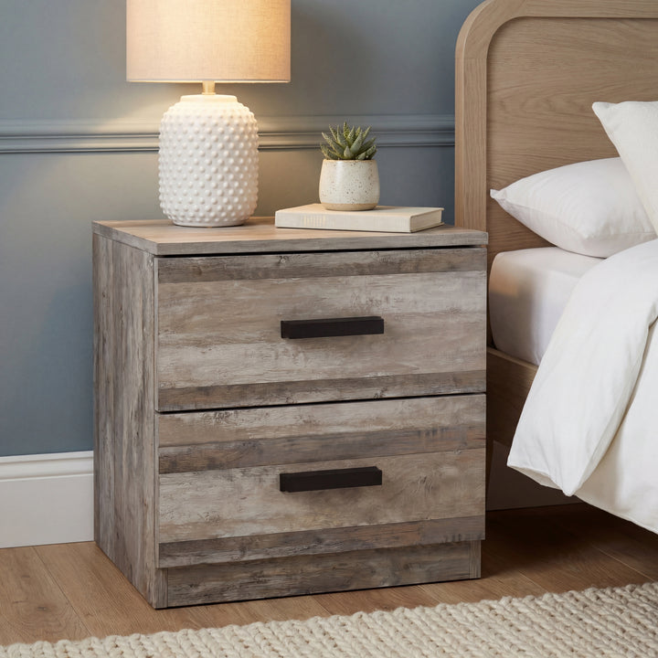[Ash Grey] Blythe bedside table beside bed with ceramic lamp and book on top near timber headboard