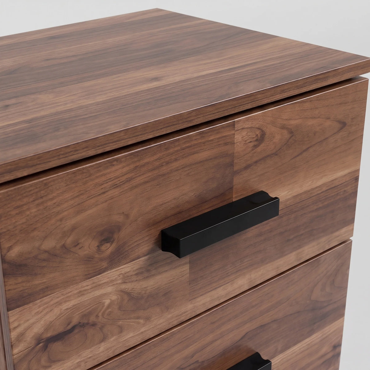 [Dark Bronx] Drawer front Blythe bedside table with warm dark wood and centred black handle