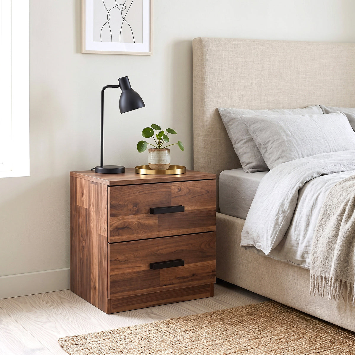 [Dark Bronx] 2 drawer bedside table with rich wood grain finish and black handles for modern bedroom.