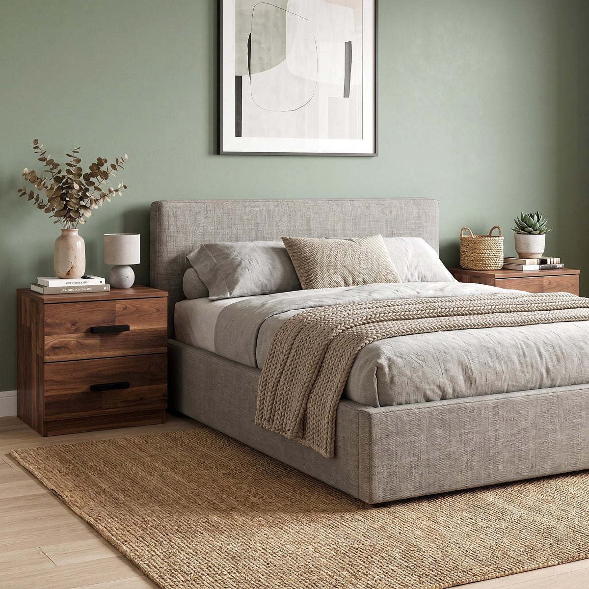 [Dark Bronx] bedroom scene featuring a gray upholstered bed with neutral bedding, flanked by two nightstands.