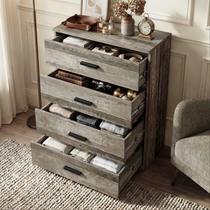 [Ash Grey] Blythe bedroom furniture set 4 drawer chest fully open with equal-width drawers and black bar handles