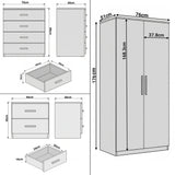 [Ash Grey] Blythe bedroom furniture set size guide: wardrobe, 4 drawer chest and bedside with W, D and H labelled