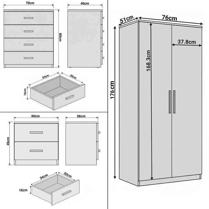 [Ash Grey] Blythe bedroom furniture set size guide: wardrobe, 4 drawer chest and bedside with W, D and H labelled
