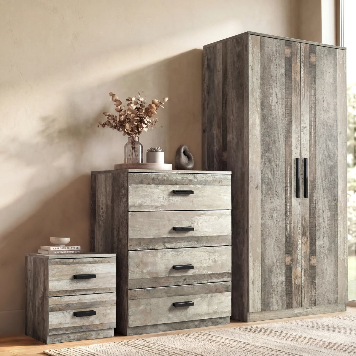 [Ash Grey] Wooden furniture set including a tall cabinet, dresser, and nightstand in a room setting.