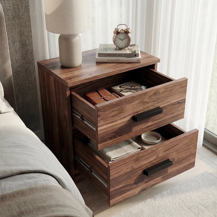 [Dark Bronx] Blythe bedroom furniture set bedside open with a lamp and clock on top and items in the drawers