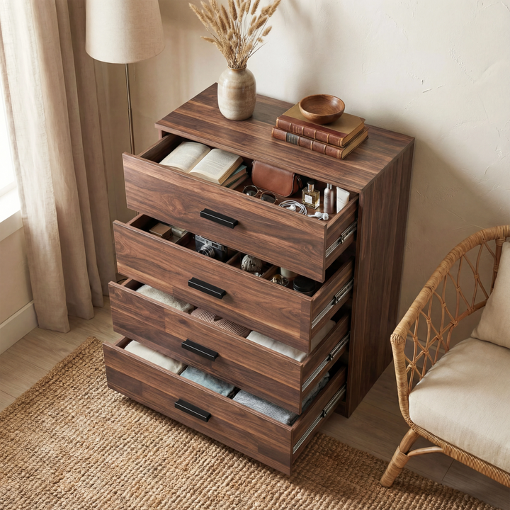 [Dark Bronx] 4 drawer chest of the Blythe bedroom furniture set with all drawers out and items in each tier