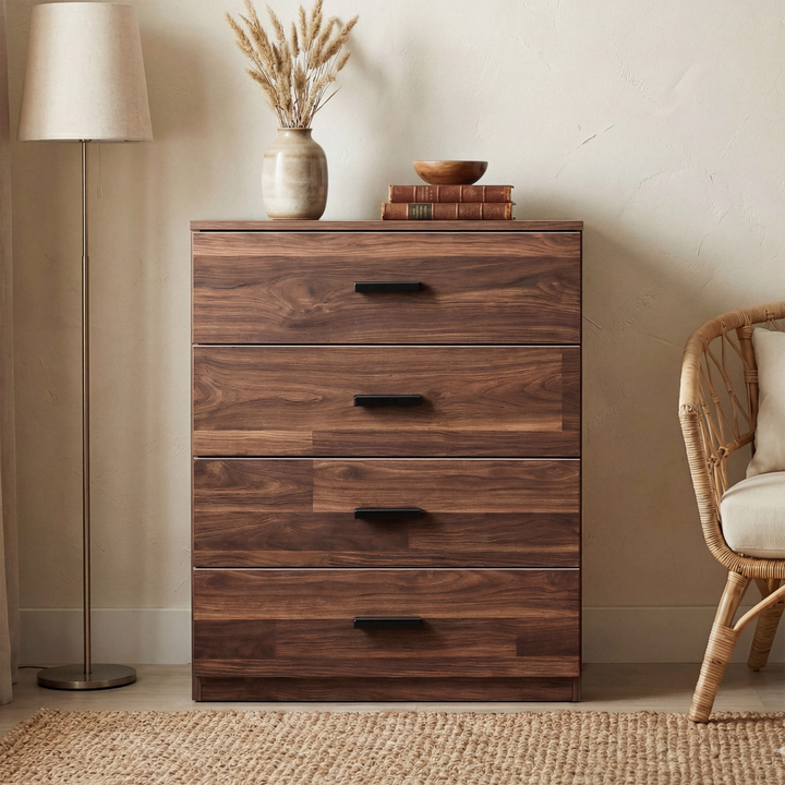 [Dark Bronx] Chest piece of the Blythe bedroom furniture set with 4 equal drawers and a floor lamp to the side