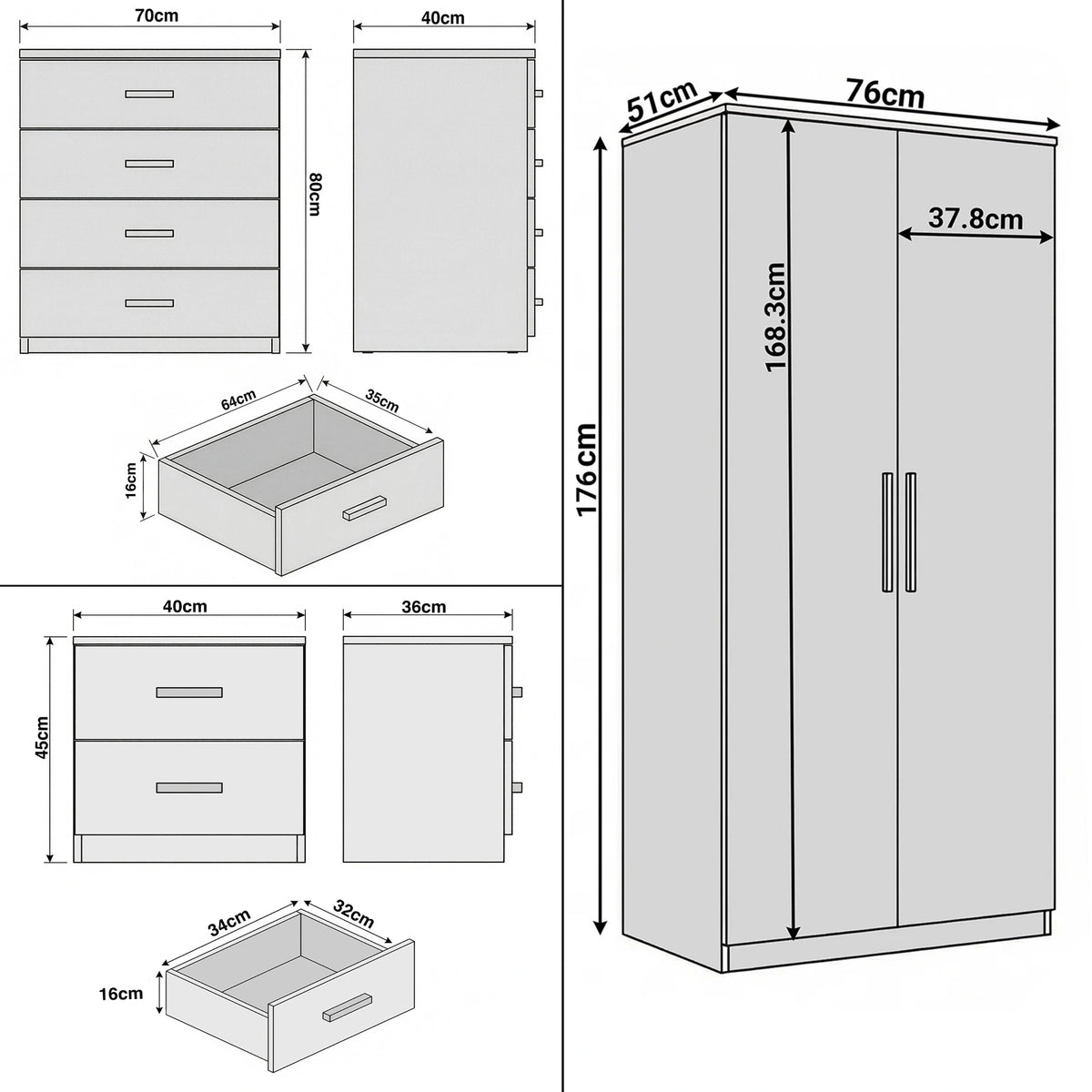 [Dark Bronx] Blythe bedroom furniture set size guide: wardrobe, 4 drawer chest and bedside with W, D and H