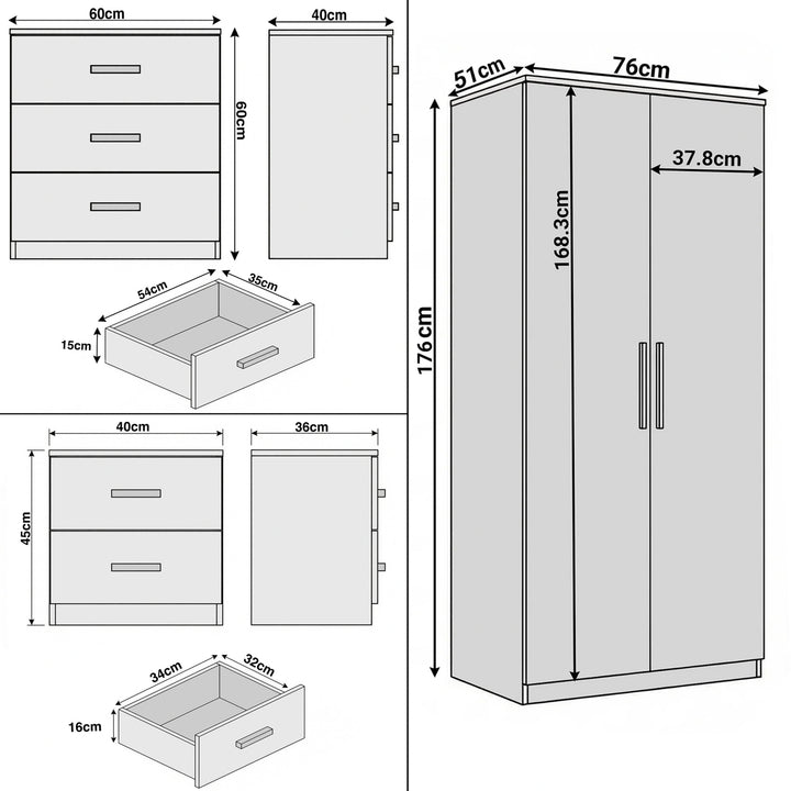 [Oak Cashmere] Sizes for the Blythe bedroom furniture set: wardrobe 176 cm, chest 76 cm and bedside 51 cm tall