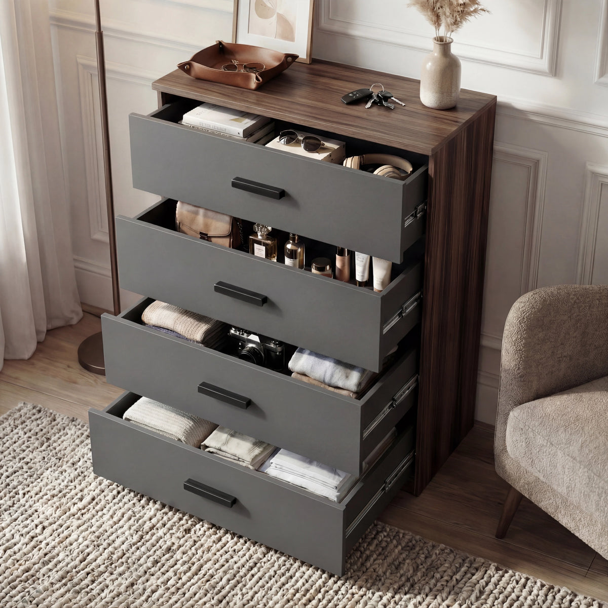 [Walnut ] 4 drawer chest of the Blythe bedroom furniture set with all grey drawers out and walnut top above