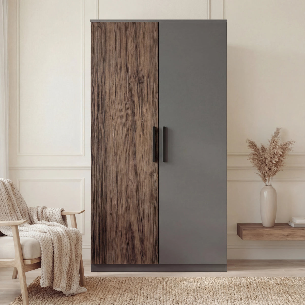 [Walnut] Blythe bedroom furniture set wardrobe standing in a cream room between a chair and a console