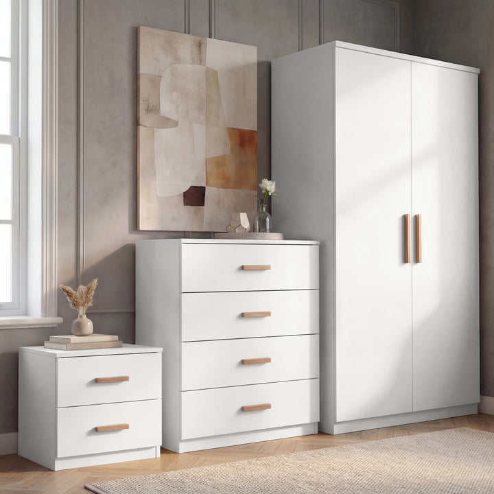 [White] Blythe bedroom furniture set - 2 door wardrobe, 4 drawer chest and 2 drawer bedside in a grey room