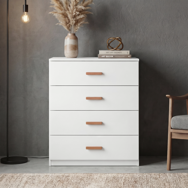 [White] 4 drawer chest of the Blythe bedroom furniture set with smooth fronts and warm wood bar handles