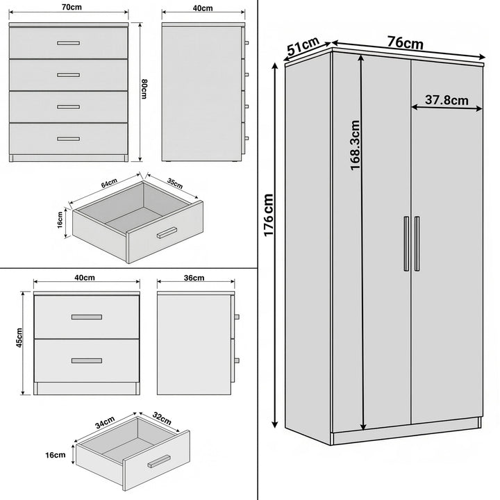 [White] Dimensions diagram: wardrobe 76 x 51 x 176 cm, chest 70 x 40 x 100 cm, bedside 40 x 36 x 40 cm