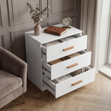 [White] 3 drawer chest of the Blythe bedroom furniture set with all drawers pulled out and striped liners inside