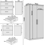 [White] Labelled diagram of the Blythe bedroom furniture set showing external and drawer measurements on each piece